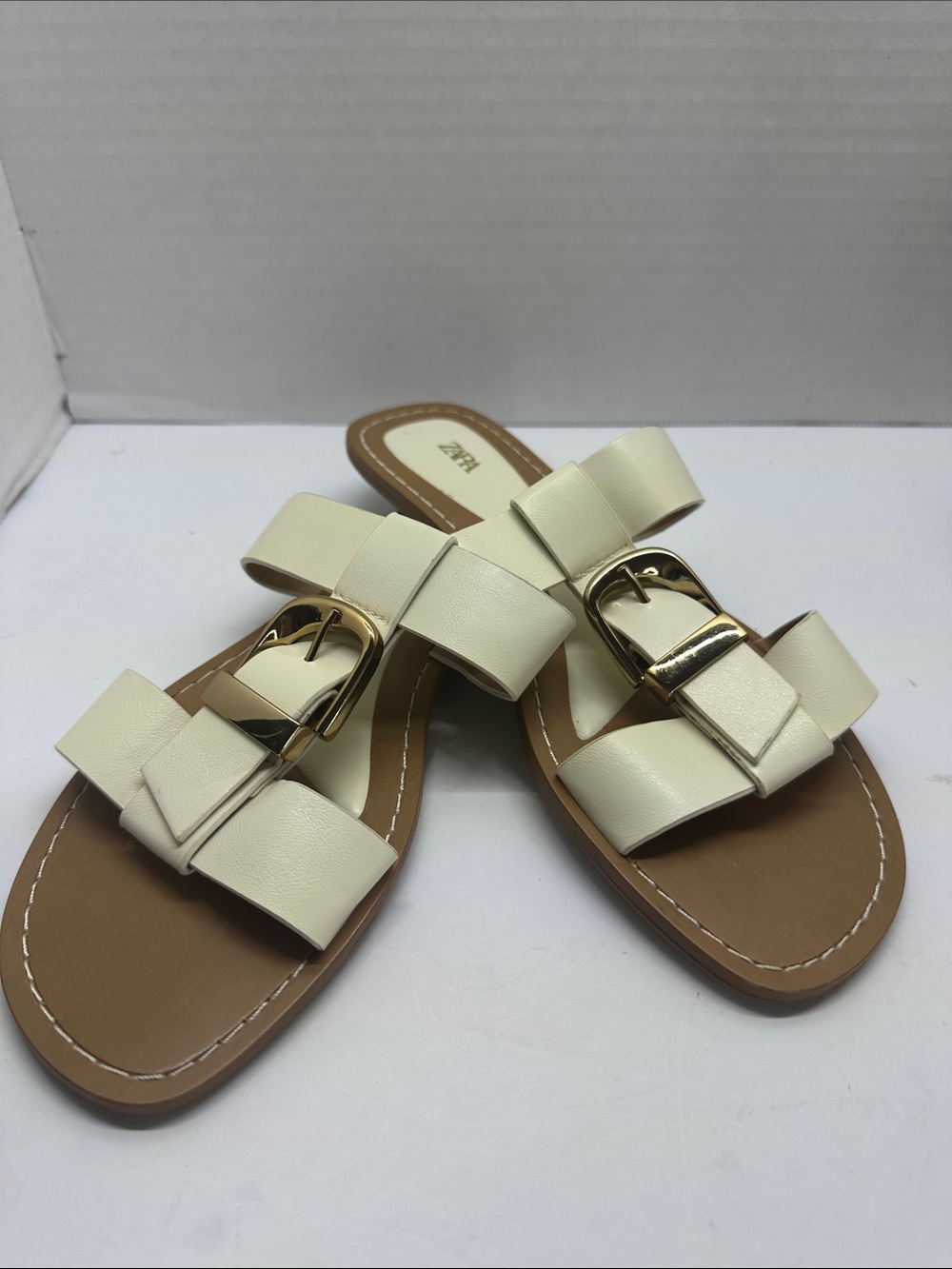 Zara Cream Slide Sandals with Gold Buckle